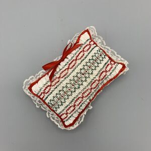 Vintage Small Smocked Handmade Doll Pillow Pin Cushion Holiday Decor Embroidery